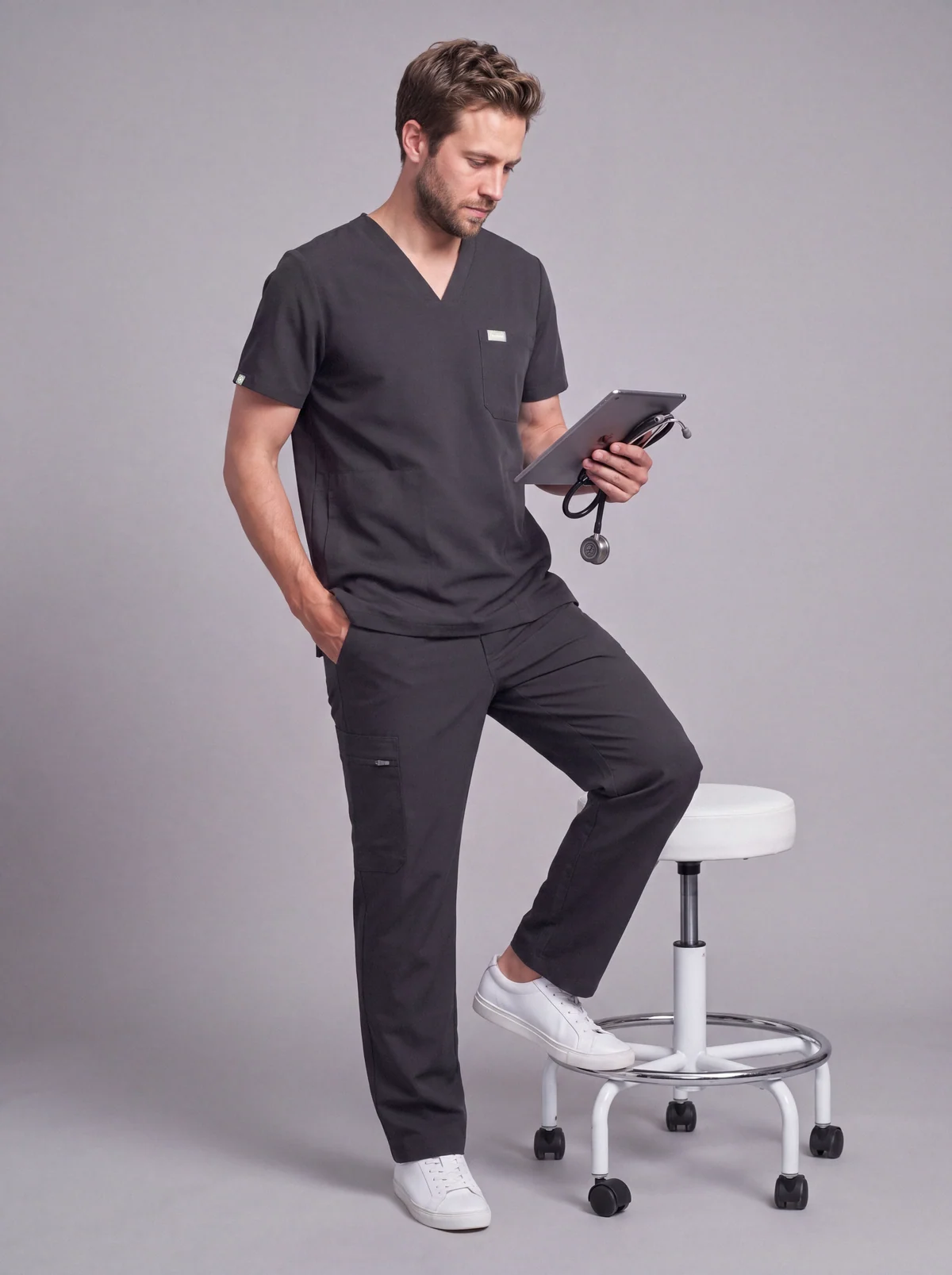 DocNova Men’s Premium Scrub Top – Pewter Grey